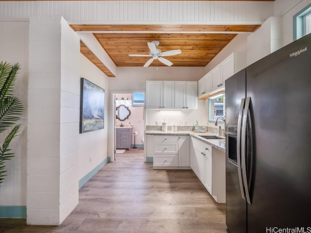 kitchen featuring white cabinetry, sink, light hardwood / wood-style floors, wooden ceiling, and black refrigerator with ice dispenser