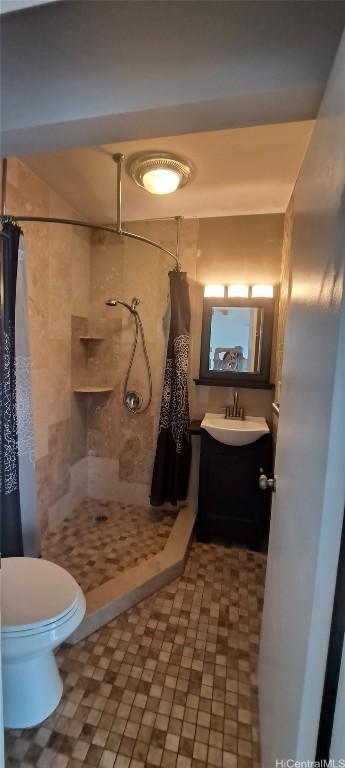 bathroom featuring vanity, curtained shower, and toilet