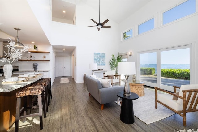 living room with a water view, a towering ceiling, and dark hardwood / wood-style floors