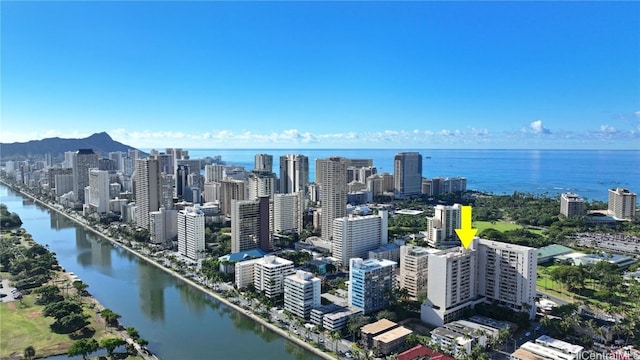 drone / aerial view with a water and mountain view