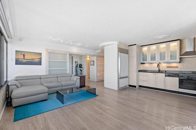 living room featuring light hardwood / wood-style floors and sink