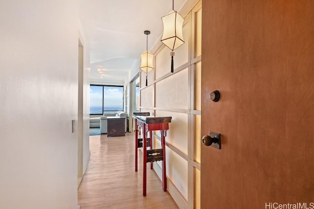 hall with light hardwood / wood-style flooring and expansive windows