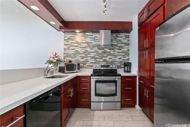 kitchen with tasteful backsplash, wall chimney exhaust hood, sink, and stainless steel appliances