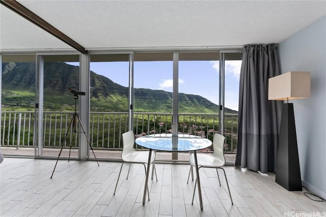 unfurnished sunroom featuring a mountain view