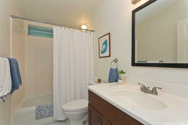 full bathroom featuring toilet, vanity, and shower / tub combo with curtain