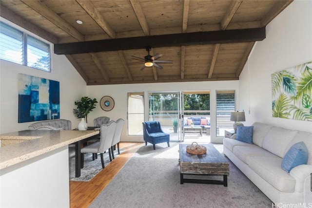 living room with high vaulted ceiling, light wood-type flooring, wooden ceiling, ceiling fan, and beam ceiling