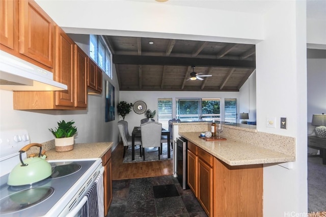 kitchen featuring white electric range oven, kitchen peninsula, lofted ceiling with beams, and wooden ceiling