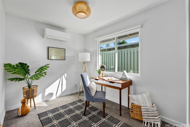 office space with a wall mounted AC and dark carpet