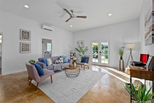 living room with ceiling fan, french doors, and a wall unit AC