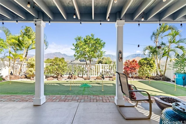 view of patio with a mountain view