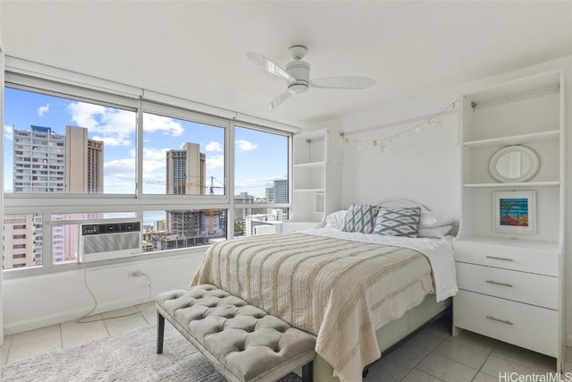 tiled bedroom featuring ceiling fan and cooling unit