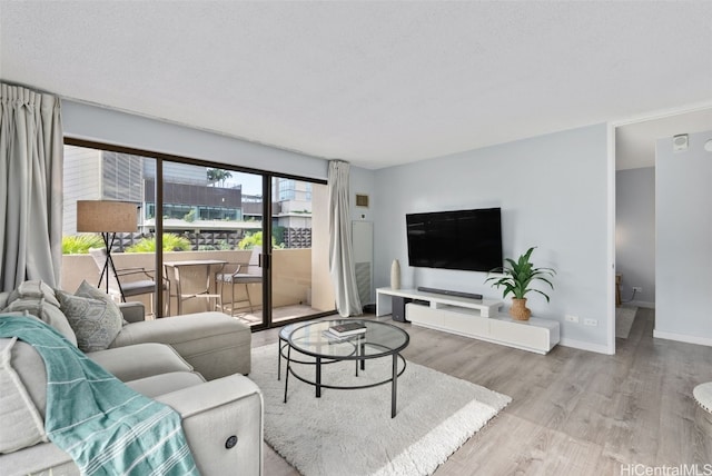 living room with a textured ceiling and light wood-type flooring