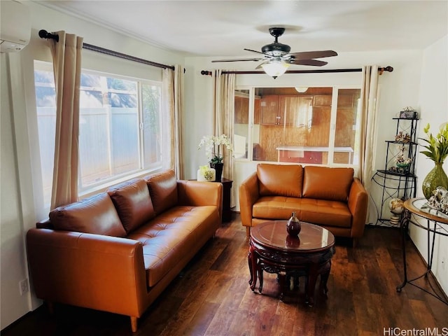 living room featuring a wall mounted AC, ceiling fan, and dark hardwood / wood-style flooring