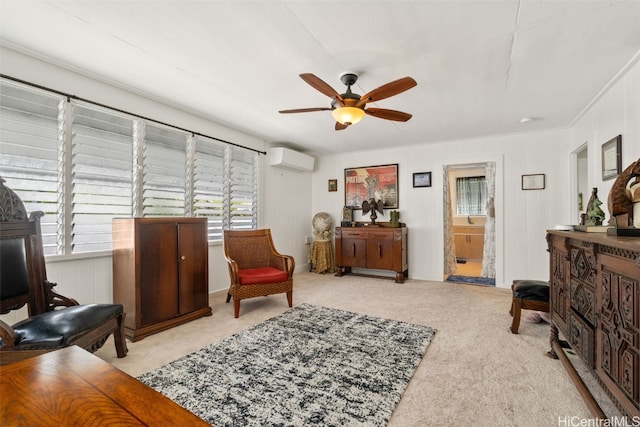 living area with ceiling fan, light colored carpet, and an AC wall unit