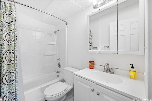 full bathroom featuring vanity, shower / tub combo, and toilet