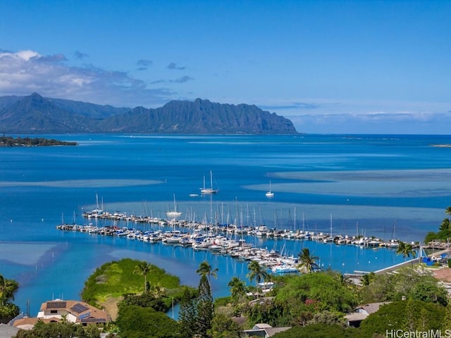 drone / aerial view featuring a water and mountain view