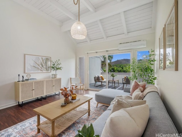 living room featuring a wall mounted AC, wooden ceiling, dark hardwood / wood-style floors, a towering ceiling, and beam ceiling