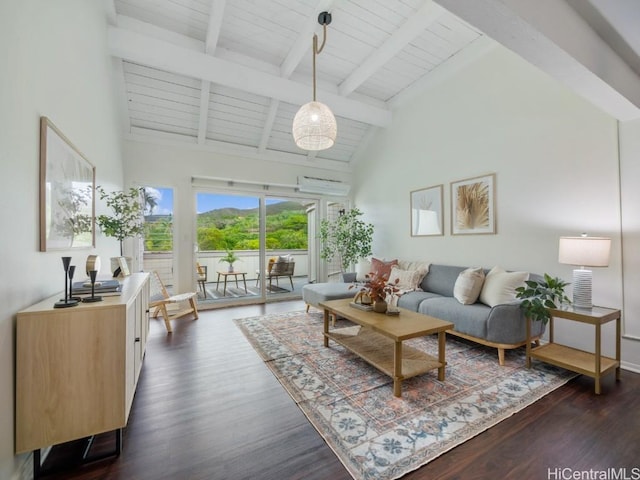 living room featuring beam ceiling, dark wood-type flooring, wooden ceiling, and high vaulted ceiling