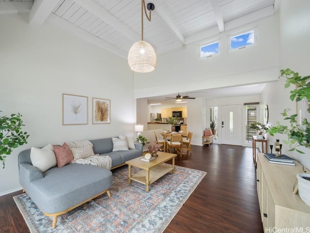 living room with beam ceiling, dark hardwood / wood-style floors, ceiling fan, and a high ceiling