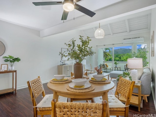 dining room with beamed ceiling, ceiling fan, and dark hardwood / wood-style flooring