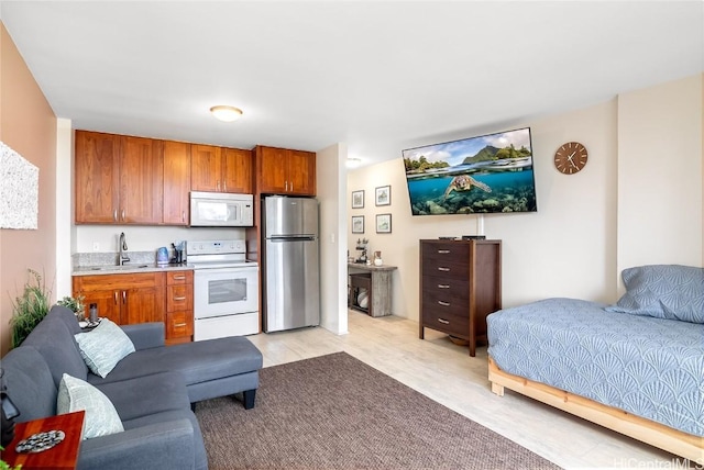 interior space featuring sink, white appliances, and light hardwood / wood-style floors