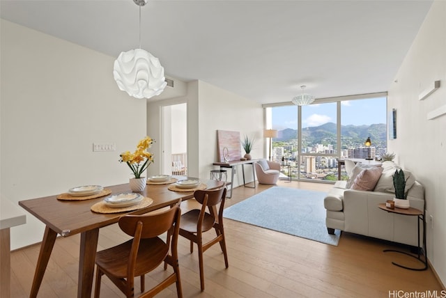 dining area with a mountain view, light hardwood / wood-style floors, a wall of windows, and a notable chandelier