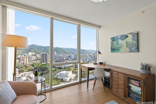 office area with a mountain view, hardwood / wood-style flooring, and floor to ceiling windows