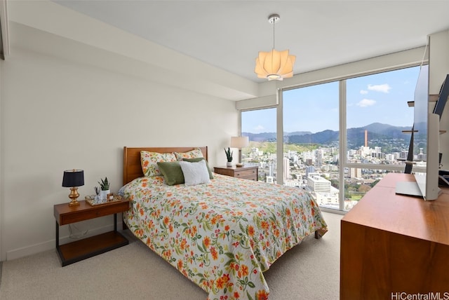 carpeted bedroom with a mountain view