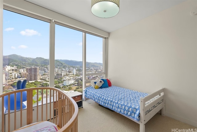 bedroom featuring a mountain view and carpet