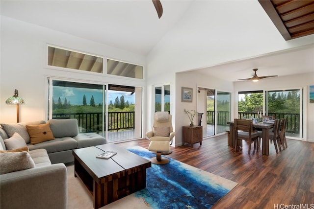 living room with ceiling fan, dark hardwood / wood-style flooring, and high vaulted ceiling