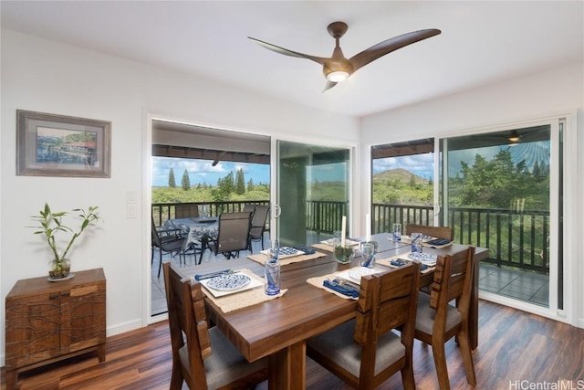 dining area with ceiling fan, a wealth of natural light, and dark hardwood / wood-style flooring