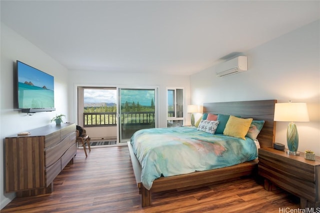 bedroom with dark wood-type flooring, access to outside, and a wall mounted AC