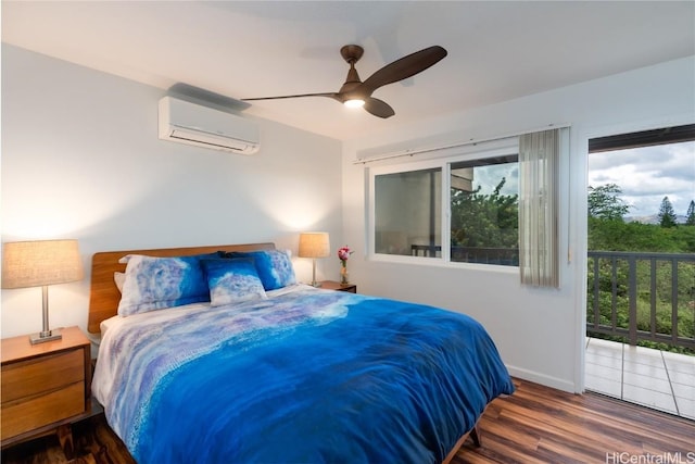 bedroom featuring ceiling fan, an AC wall unit, dark wood-type flooring, and multiple windows