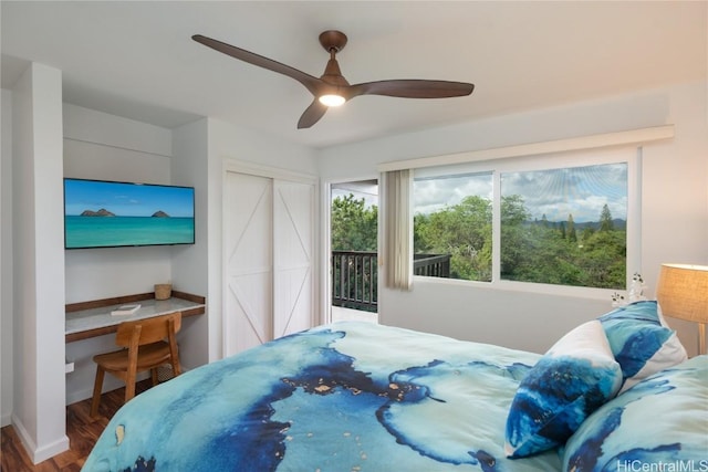 bedroom with a closet, ceiling fan, access to exterior, and wood-type flooring