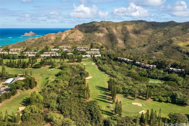 birds eye view of property with a water and mountain view