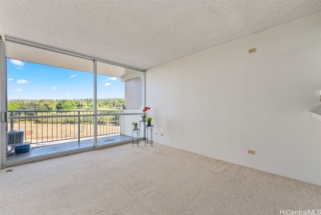 unfurnished room with a wall of windows, carpet floors, and a textured ceiling