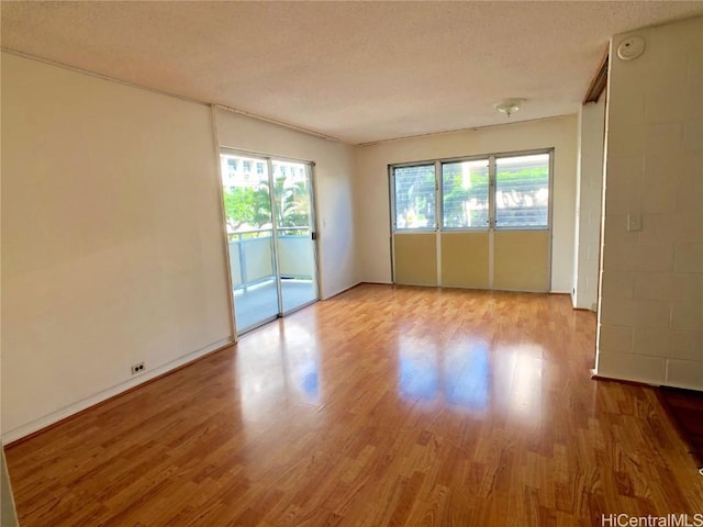 unfurnished room featuring a textured ceiling and light hardwood / wood-style floors