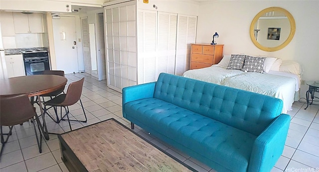 tiled bedroom with two closets