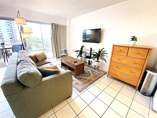 tiled living room featuring cooling unit and ornamental molding