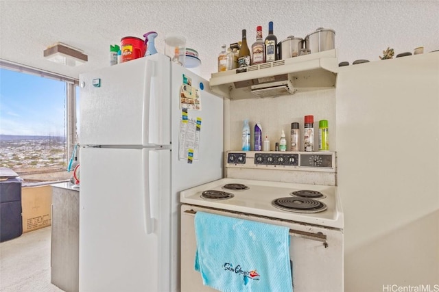 kitchen with white appliances and a textured ceiling