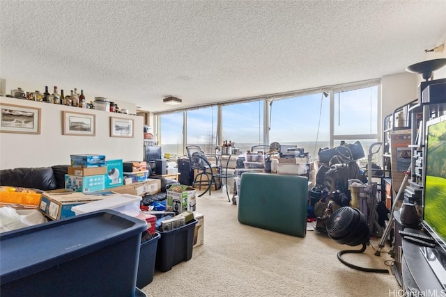 living room featuring floor to ceiling windows, carpet flooring, and a textured ceiling