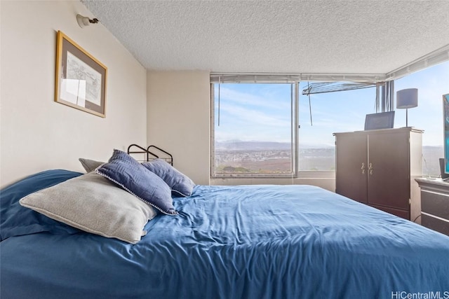 bedroom with floor to ceiling windows and a textured ceiling