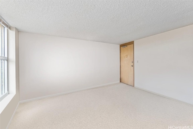 spare room featuring a textured ceiling, plenty of natural light, and light carpet