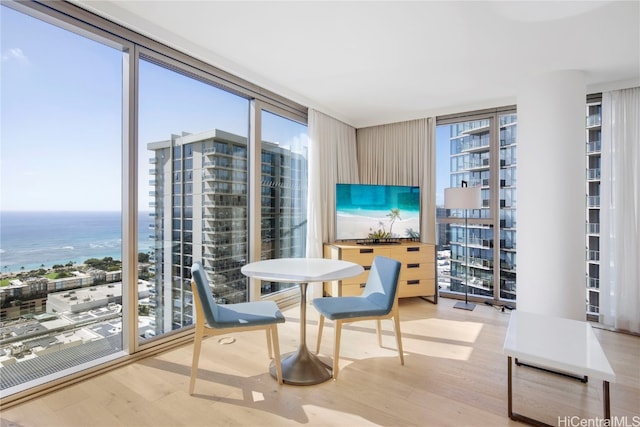 interior space featuring expansive windows, a water view, and light hardwood / wood-style flooring