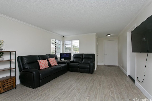 living room featuring a textured ceiling, light hardwood / wood-style flooring, and ornamental molding