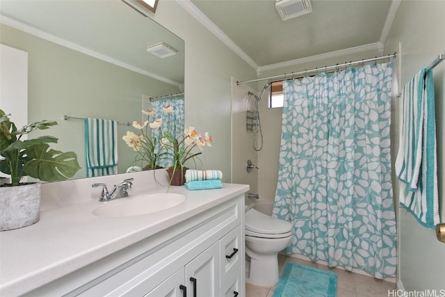 full bathroom featuring toilet, tile patterned flooring, shower / bath combination with curtain, ornamental molding, and vanity