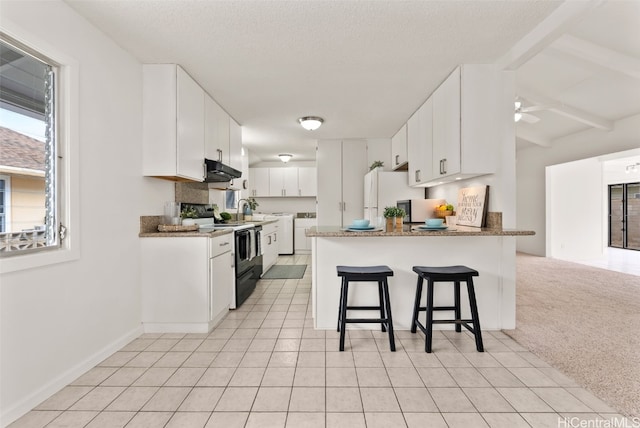 kitchen featuring white cabinetry, black electric range, light colored carpet, kitchen peninsula, and white fridge