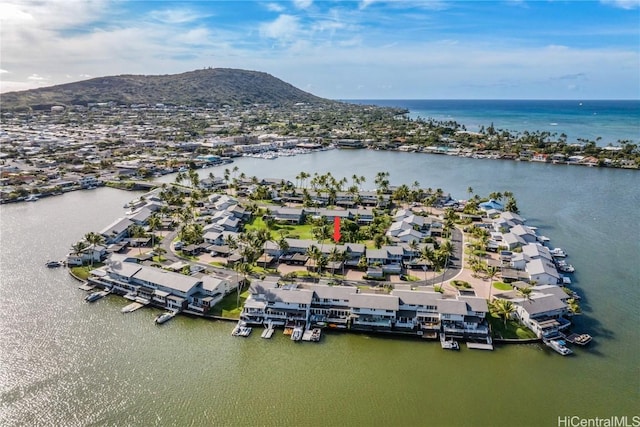 bird's eye view with a water view