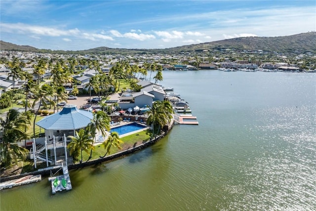 bird's eye view featuring a water and mountain view