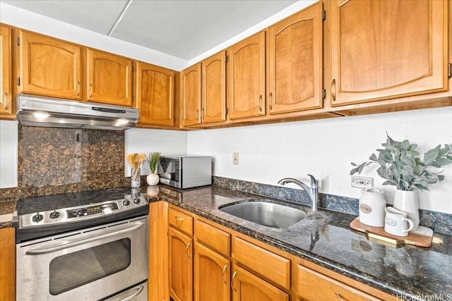 2522 Date St Unit 304, Honolulu, HI 96826 - kitchen with stainless steel appliances, a sink, under cabinet range hood, dark stone counters, and brown cabinetry